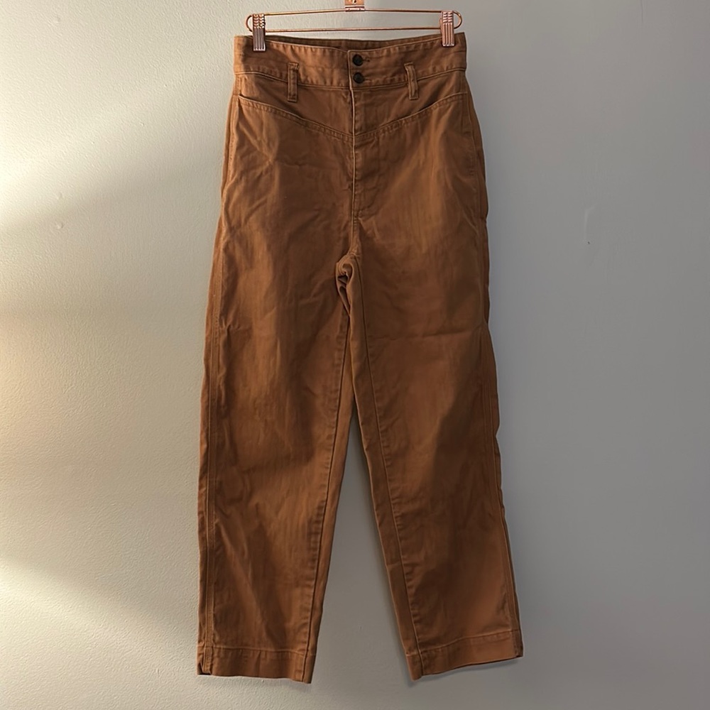 Madewell, brown straight pants with subtle, unique, Chevron fabric
